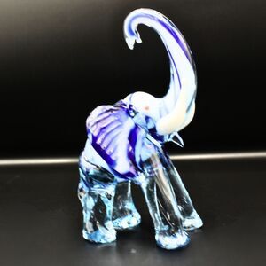 Vintage Art Glass Elephant Figurine Hand Blown Retr0 Blue White Swirl Sculpture